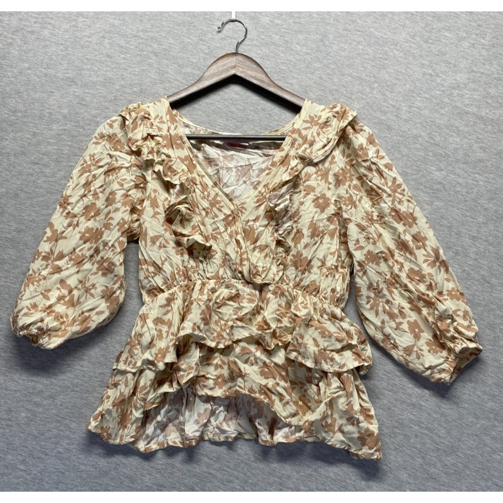 Pink Lily Blouse Top Womens Small Beige Brown Floral Viscose Layered Hem V-Neck